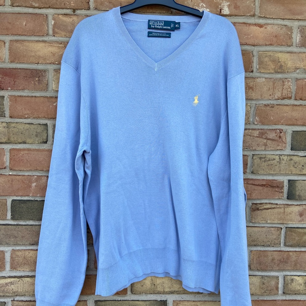 Polo Ralph Lauren Pima Cotton V-Neck Sweater - Light Blue - XL